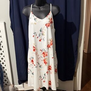 White Floral Spaghetti Strap Slip Dress - Red Rose Print